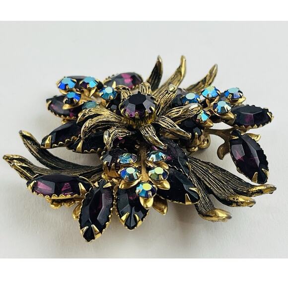 Vintage Unsigned Selro Selini Purple Rhinestone Brooch AB Flower Spray Lapel Pin - Picture 6 of 14